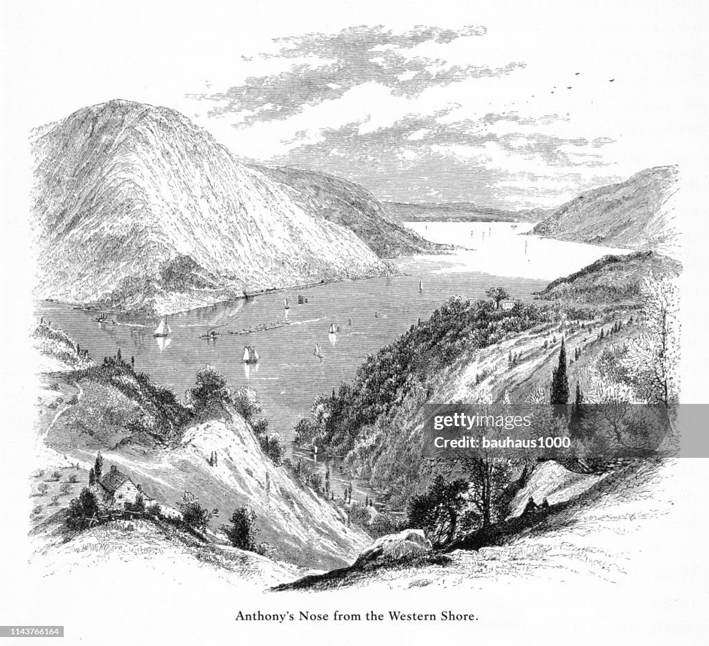 Anthony’s Nose on the Hudson River from the Western Shore, New York, United States, American Victorian Engraving, 1872