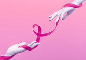 Charity concept, hold out helping hand gesture, pink ribbon connects white hands, breast cancer awareness background