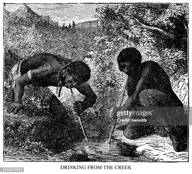 drinking from the creek - polynesian ethnicity stock illustrations
