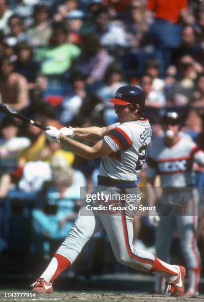 Mike Squires of the Chicago White Sox bats against the Baltimore Orioles during a Major League Baseball game circa 1982 at Memorial Stadium in...