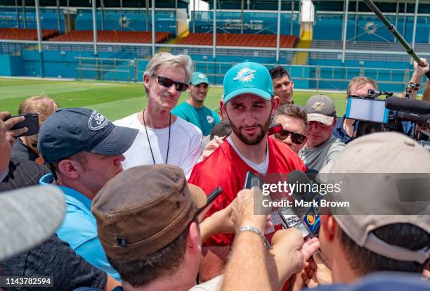 Josh Rosen of the Miami Dolphins answers questions from the media after OTAs at Baptist Health Training Facility at Nova Southern University on May...