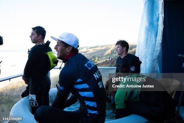 Nathan Florence , Billy Kemper , Hugo Vau & Lucas Chianca enjoying the hot tub after their Round One Heat 1 of the Nazare Challenge in Nazare,...