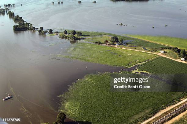 Crops are inundated by floodwater from the Yazoo River May 18, 2011 near Vicksburg, Mississippi. The flooded Mississippi River is forcing the Yazoo...