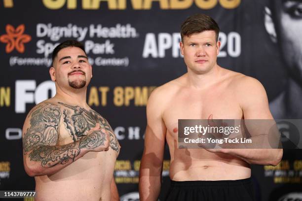 Andy Ruiz Jr. And Alexander Dimitrenko pose for photos during their official weigh-in ahead of their heavyweight bout at Sheraton Gateway Hotel on...