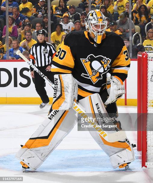 Matt Murray of the Pittsburgh Penguins defends the net against the New York Islanders in Game Three of the Eastern Conference First Round during the...