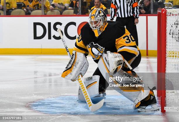 Matt Murray of the Pittsburgh Penguins defends the net against the New York Islanders in Game Three of the Eastern Conference First Round during the...