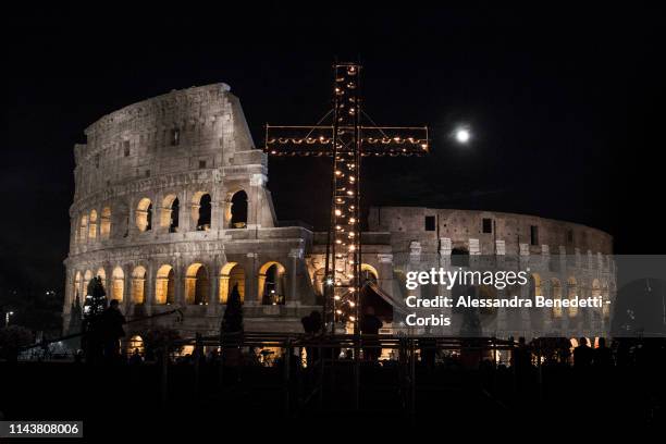 General views of Rome's Colosseum during the Stations of the Cross, Via Crucis presided by Pope Francis on April 19, 2019 in Rome, Italy.