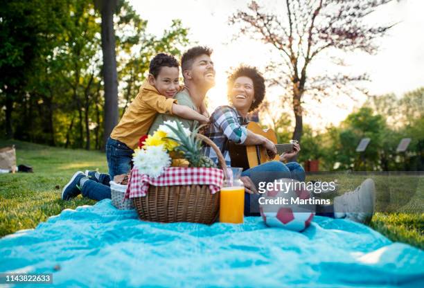 happy family play guitar and sing together while sitting in the park in summer. - picknick stock pictures, royalty-free photos & images