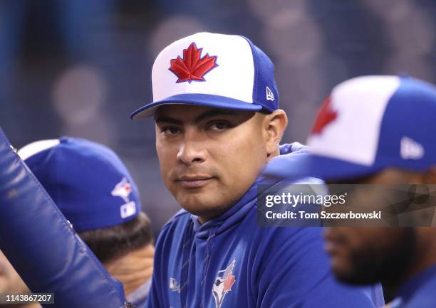 Hitting coach Guillermo Martinez of the Toronto Blue Jays looks on during batting practice before the start of MLB game action against the Tampa Bay...