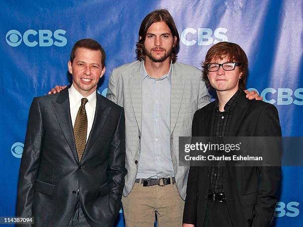 Two and a Half Men" actors Actors Jon Cryer, Ashton Kutcher and Angus T. Jones attend the 2011 CBS Upfront at The Tent at Lincoln Center on May 18,...