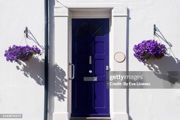 pretty purple door - hanging basket stock pictures, royalty-free photos & images