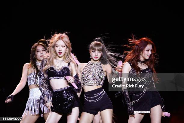 Blackpink perform at the Sahara Tent during the 2019 Coachella Valley Music And Arts Festival on April 19, 2019 in Indio, California.