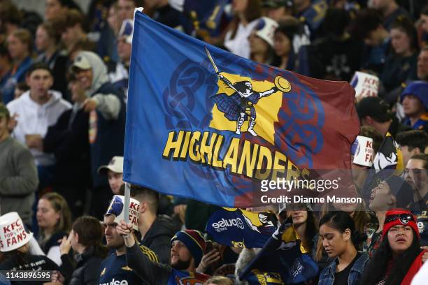 Highlanders flag is waved during the round 10 Super Rugby match between the Highlanders and the Blues at Forsyth Barr Stadium on April 20, 2019 in...