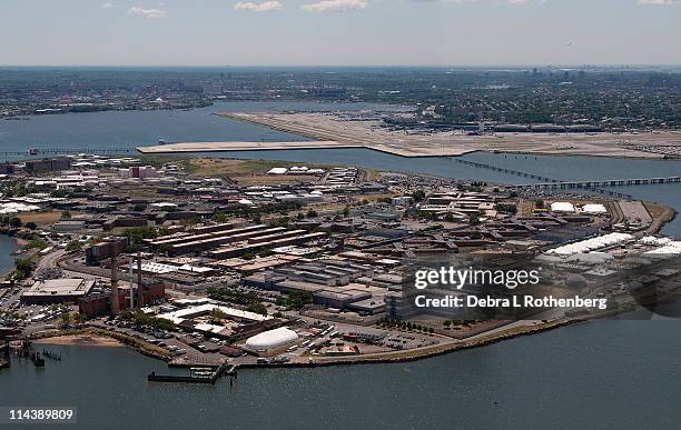 An aerial view of the Rikers Island prison is seen September 24, 2010 in the Bronx borough of New York City. International Monetary Fund chief...