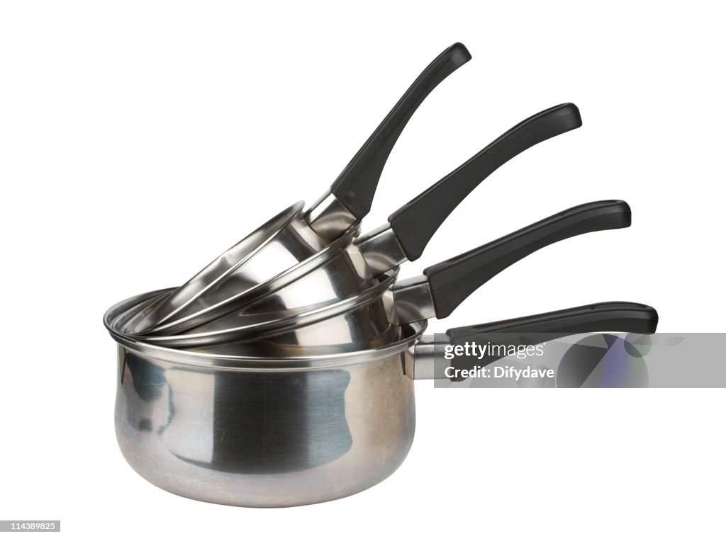 Stack of stainless steel saucepans in different sizes