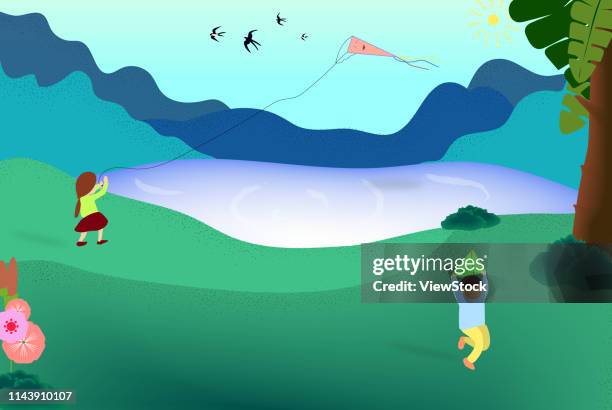 children flying kites in the outdoor - kite bird stock illustrations