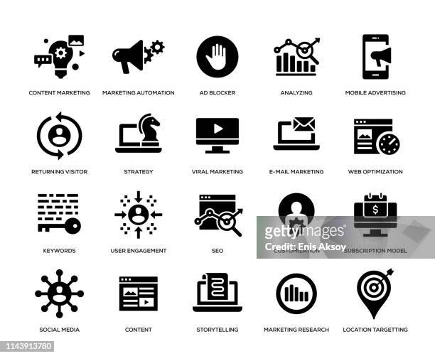 illustrazioni stock, clip art, cartoni animati e icone di tendenza di set di icone di marketing digitale - motore di ricerca