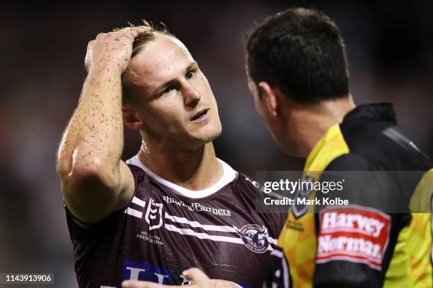 Daly Cherry-Evans of the Sea Eagles shows his frustration as he speaks to referee Dave Munro during the round 6 NRL match between the Dragons and the...