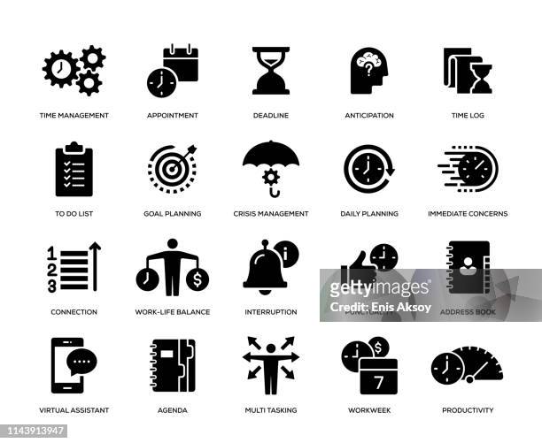 ilustrações de stock, clip art, desenhos animados e ícones de time management icon set - costume