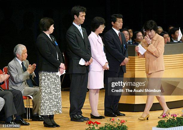 Former abductees by North Korea Hitomi Soga , Kaoru Hasuike , Fukie Chimura , Yasushi Chimura and Yukiko Hasuike attend the national meeting to...