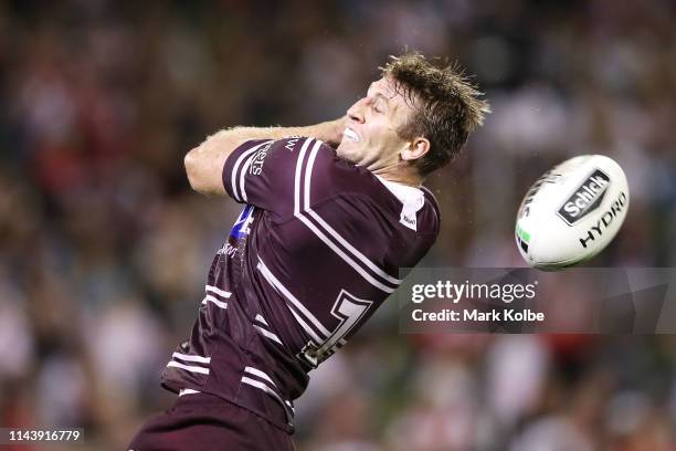 Brendan Elliot of the Sea Eagles drops a kick during the round 6 NRL match between the Dragons and the Sea Eagles at WIN Stadium on April 20, 2019 in...