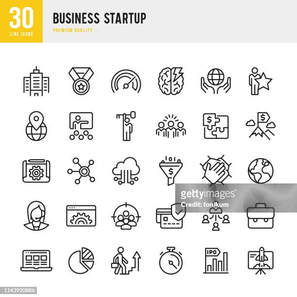 ilustraciones, imágenes clip art, dibujos animados e iconos de stock de inicio de negocio-conjunto de iconos vectoriales de línea. - new business
