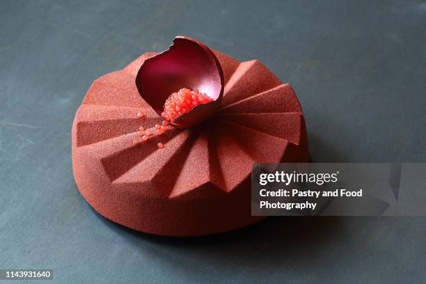 contemporary chocolate mousse cake made in geometric silicone mold - jello mold stock-fotos und bilder