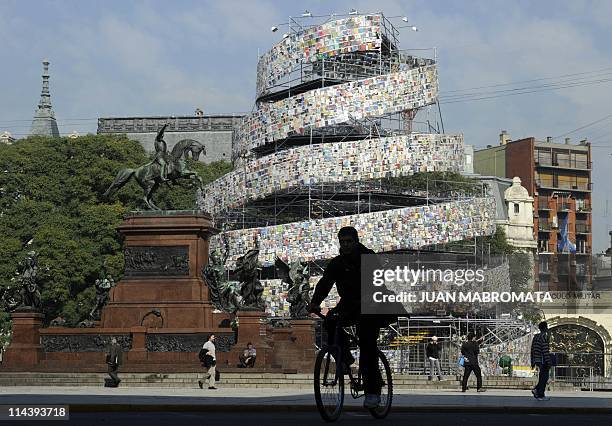 View of the "Tower of Babel", an installation by Argentine artist Marta Minujin made out of thousands of books written in languages from all over the...