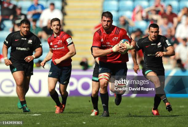 Jean Kleyn of Munster Rugby runs up field during the Champions Cup Semi Final match between Saracens and Munster at Ricoh Arena on April 20, 2019 in...