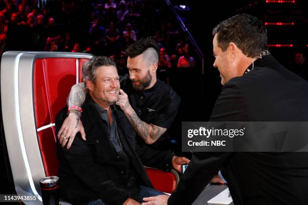 Live Top 8 Results" Episode 1615B -- Pictured: Blake Shelton, Adam Levine, Carson Daly --