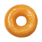 Donut with glazed isolated on white background. One round glossy yellow glaze doughnut. Front View. Top view