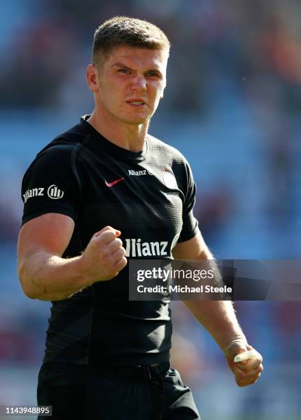 Owen Farrell of Saracens celebrates following the Champions Cup Semi Final match between Saracens and Munster at Ricoh Arena on April 20, 2019 in...