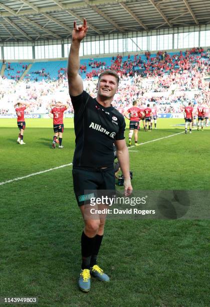 Owen Farrell of Saracens celebrates following the Champions Cup Semi Final match between Saracens and Munster at Ricoh Arena on April 20, 2019 in...