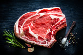 Raw rib steak shot from above on black background