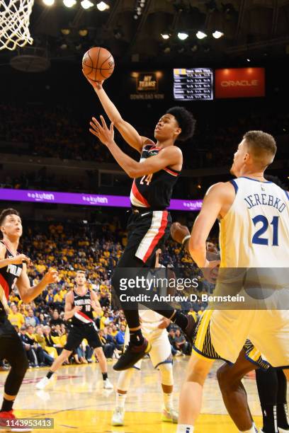 Anfernee Simons of the Portland Trail Blazers shoots the ball against the Golden State Warriors during Game One of the 2019 Western Conference Finals...
