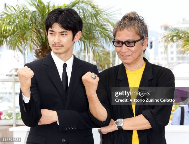 Actor Eita and filmmaker Takashi Miike attend the "Hara-Kiri: Death Of A Samurai" Photocall at Palais des Festivals during the 64th Annual Cannes...