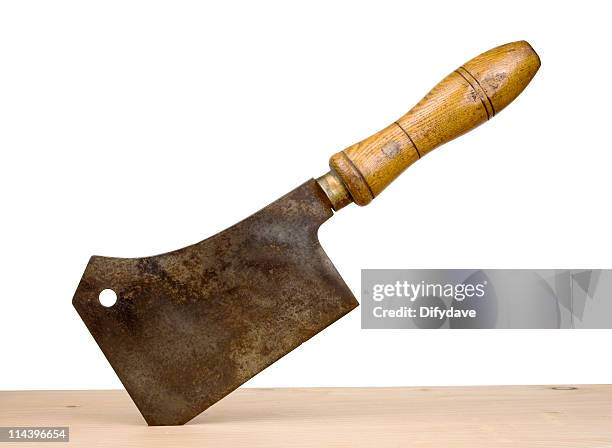 meat cleaver stuck in wood - butcher shop stock pictures, royalty-free photos & images