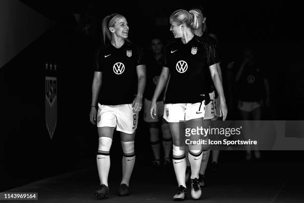United States midfielder Julie Ertz and United States defender Abby Dahlkemper walk out of the tunnel in game action during an International friendly...