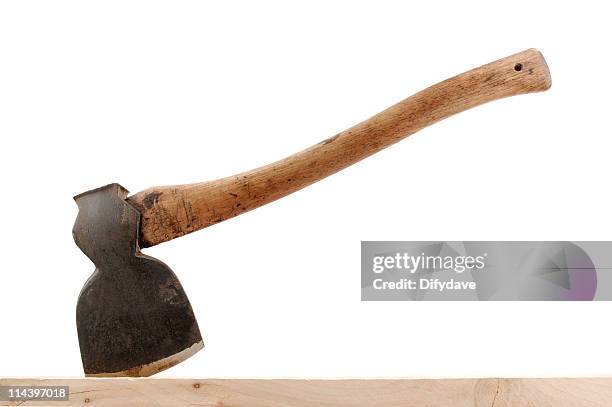 axe stuck in wood - axe stock pictures, royalty-free photos & images