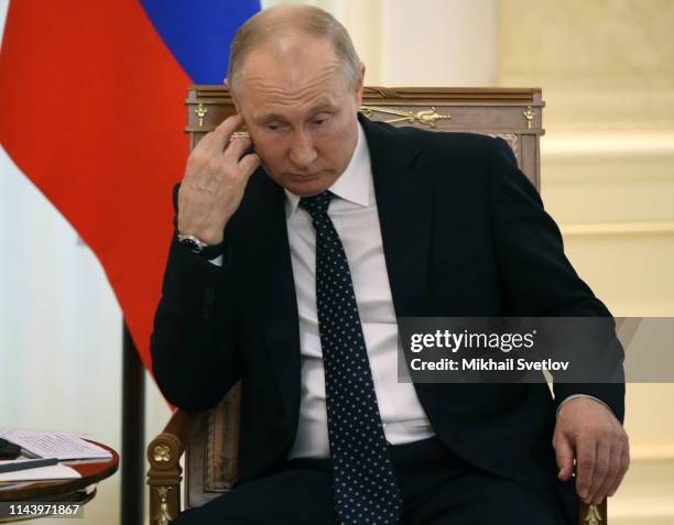 Russian President Vladimir Putin gestures during Russian- Austrian meeting at Rus Sanatorium,on May 2019 at the Black Sea resort of Sochi, Russia....