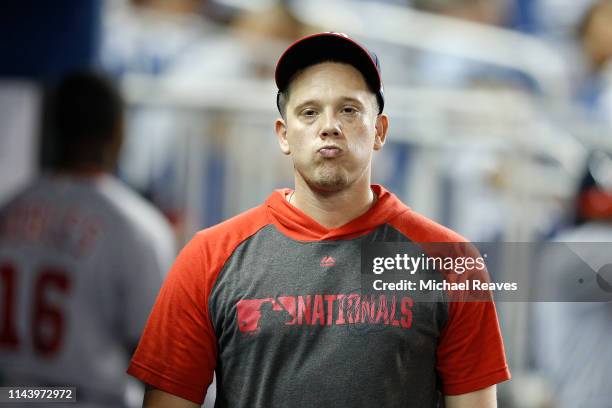 Jeremy Hellickson of the Washington Nationals looks on against the Miami Marlins at Marlins Park on April 19, 2019 in Miami, Florida.