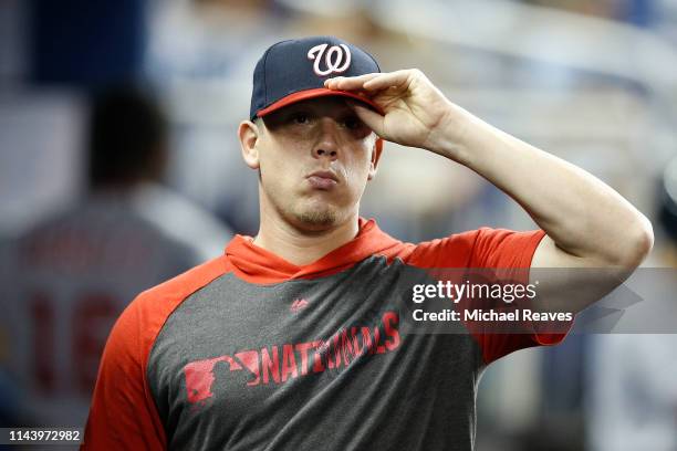 Jeremy Hellickson of the Washington Nationals looks on against the Miami Marlins at Marlins Park on April 19, 2019 in Miami, Florida.