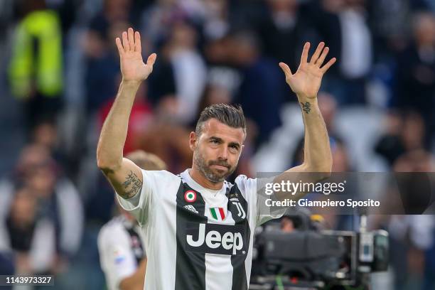 Andrea Barzagli of Juventus celebrates with his teammates after winning the italian league at the end of the Serie A match between Juventus and ACF...