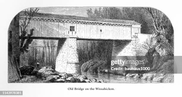 ilustrações, clipart, desenhos animados e ícones de ponte coberta velha no wissahickon, filadélfia, pensilvânia, estados unidos, gravura americana do victorian, 1872 - ponte coberta ponte