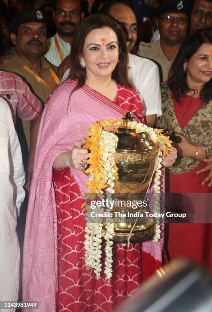 Mumbai Indians Owner, Nita Ambani clicked at Siddhivinayak Temple with IPL 2019 Cup in Mumbai.