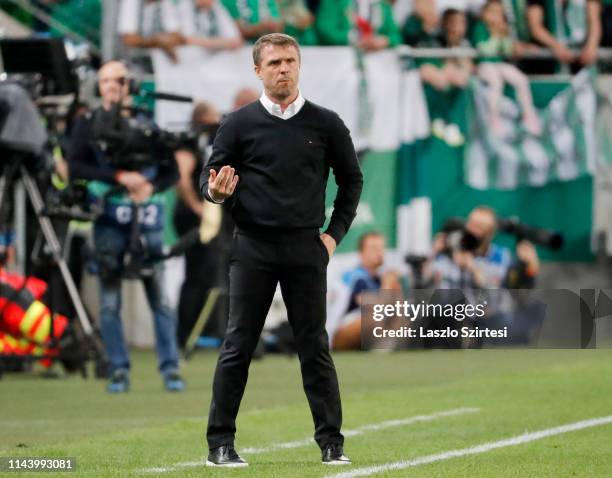 Head coach Serhiy Rebrov of Ferencvarosi TC reacts during the Hungarian OTP Bank Liga match between Ferencvarosi TC and MOL Vidi FC at Groupama Arena...