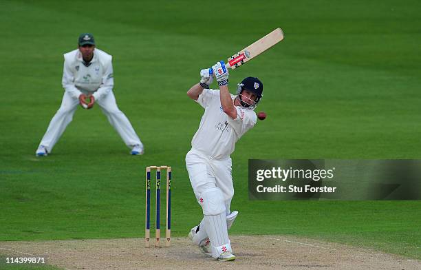 Durham batsman Phil Mustard picks up some runs during the second day of the LV County Championship Division One game between Worcestershire and...