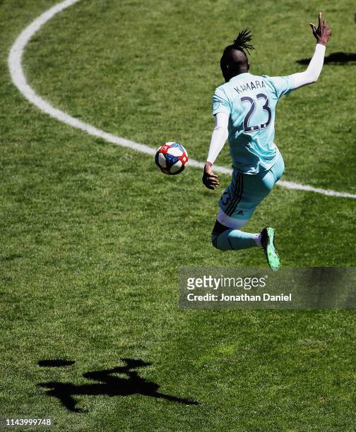 Kei Kamara of Colorado Rapids leaps to control the ball against the Chicago Fire at SeatGeek Stadium on April 20, 2019 in Bridgeview, Illinois. The...