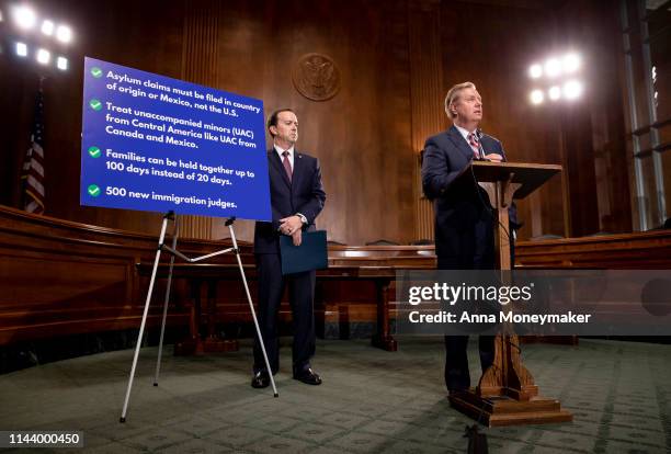 Senate Judiciary Chairman Lindsey Graham, and Customs and Border Protection acting Commissioner John Sanders speak at a news conference proposing...