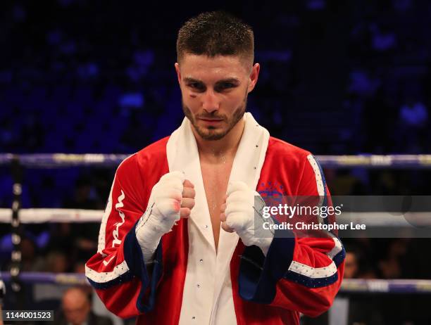 Josh Kelly of Great Britain celebrates victory over Przemyslaw Runowski of Poland during the WBA International Welterweight Championship during...